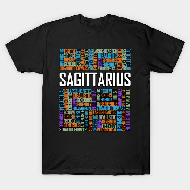 Sagittarius Zodiac Words T-Shirt by LetsBeginDesigns